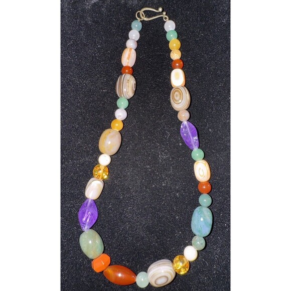 VTG BEGGAR BEADS Single Strand Polished Stone Necklace MULTICOLOR BOHO STONES - Picture 1 of 5